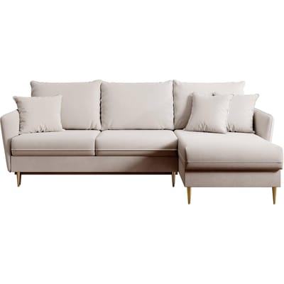Selsey Volio – Hoekbank met slaapfunctie, Waterafstotend fluweel, Gouden poten, Beige