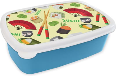 Broodtrommel Blauw - Lunchbox - Brooddoos - Sushi - Japan - Patronen - 18x12x6 cm - Kinderen - Jongen