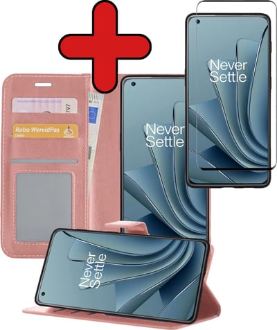 Hoesje - Met Screenprotector - Geschikt voor OnePlus 10 Pro - Luxe Pasjeshouder - Flipcase - Bookcase Portemonee - Flip Case - Kunstleer Book Case - Book Cover - Walletcase - Portemonneehoes - Telefoonhoes - Rosé goud