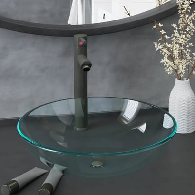 vidaXL - Wastafel - met - kraan - en - pop-up - afvoer - gehard - glas - transparant
