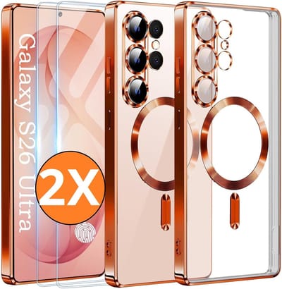 Hoesje Magsafe Geschikt voor Samsung Galaxy S26 Ultra hoesje backcover Oranje – Lens beschermer – Transparant hoesje met Samsung S26 Ultra screenprotector - 2 stuks