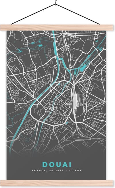 Posterhanger incl. Poster 40x60 cm - Schoolplaat - Douai - Frankrijk - Plattegrond - Stad - Stadskaart - Textielposter - Blanke latten - Stadskaart
