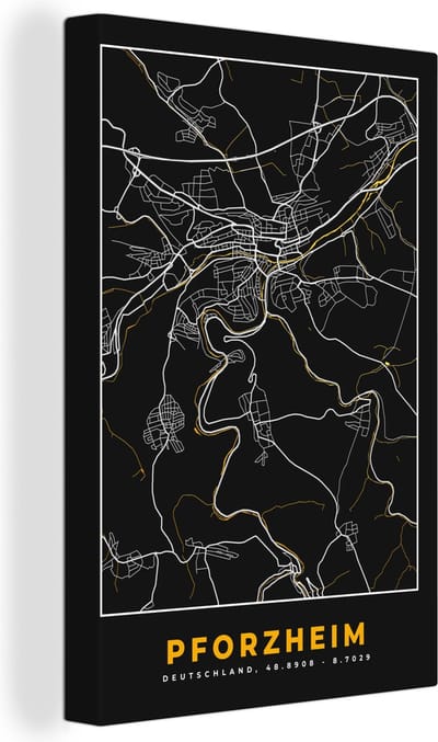 Canvas Schilderij Pforzheim - Goud - Plattegrond - Stadskaart - Duitsland - Kaart - 20x30 cm - Wanddecoratie