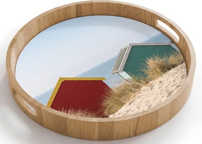 Dienblad rond 40x40 cm - Schootdienblad hout - Strand - Huisjes - Kleurrijk - Duinen - Borrelplank rechthoek - Plateau houten dienbladen