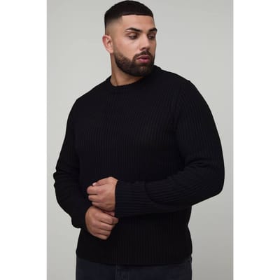 Plus Basic Regular Fit Geribde Gebreide Trui | Black | Size 2XL