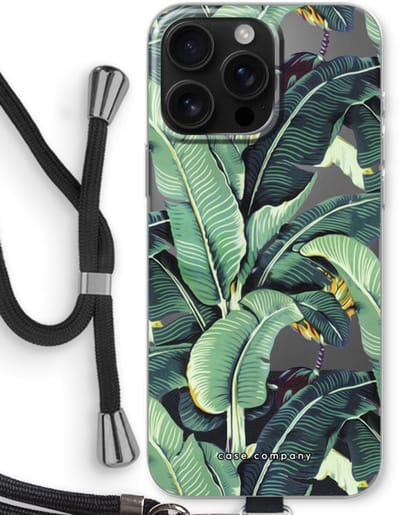Case Company® - Hoesje met koord geschikt voor iPhone 16 Pro Max hoesje met Koord - Bananenbladeren - Telefoonhoesje met Zwart Koord - Bescherming aan alle Kanten en Over de Schermrand