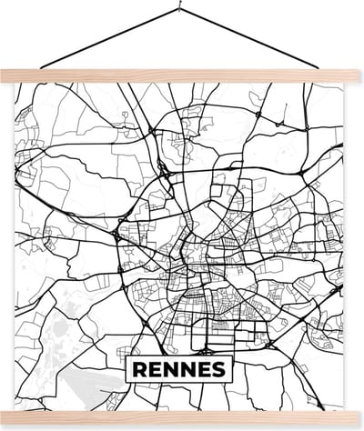 Posterhanger incl. Poster 40x40 cm - Schoolplaat - Kaart - Stadskaart - Rennes - Frankrijk - Plattegrond - Zwart wit - Textielposter - Blanke latten - Stadskaart