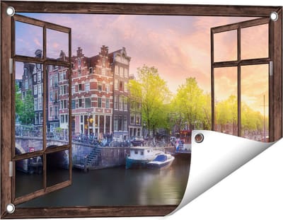 Gards Tuinposter Doorkijk Amsterdamse Grachten - 60x40 cm - Tuindoek - Tuindecoratie - Wanddecoratie buiten - Tuinschilderij
