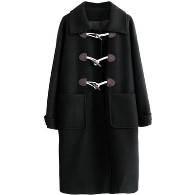 Retro wollen jas met hoornknopen voor dames, middellange herfst- en winterjas in Koreaanse stijl, dikke wollen jas S black