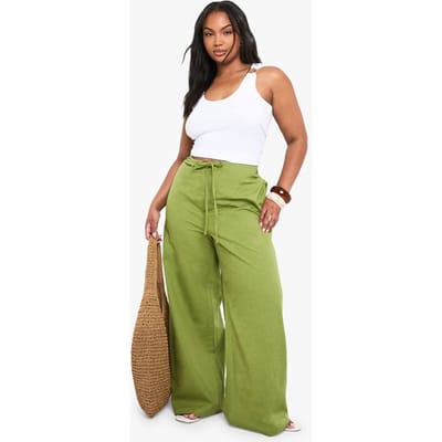 boohoo Dames Plus Linnen Broek met Trekkoord en Wijde Pijpen | Olive | Maat: 26