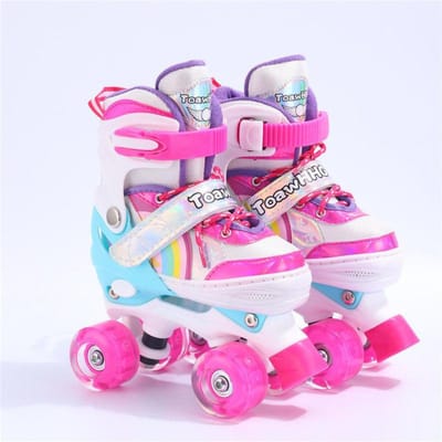 Patins à roulettes à quatre roues à double rangée Débutant Enfants Adulte Patins professionnels Patins à roulettes à double boucle S size 31-34 rose