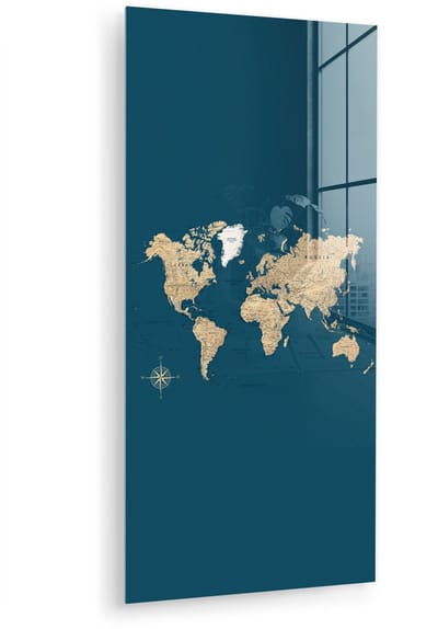 MuchoWow® Glasschilderij 40x80 cm - Schilderij acrylglas - Wereldkaart - Donkerblauw - Beige - Foto op glas - Muurdecoratie woonkamer - Wanddecoratie slaapkamer - Schilderijen