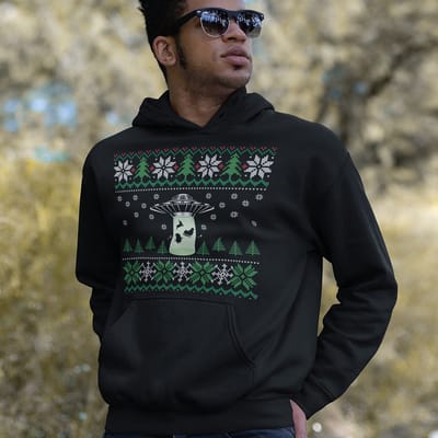 Foute Kerst Hoodie - Kleur Zwart - UFO Snowy Trees - Maat XS - Uniseks Pasvorm - Kerstkleding voor Dames & Heren