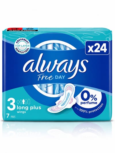 Always Free Day Maandverband Long Plus met Vleugels Size 3 - 0% Parfum - 24 x 7 Pads - 168 Stuks