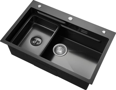 Cecipa Max Handgemaakte Roestvrijstalen Spoelbak - 70×45 cm - Dubbel Trede-ontwerp - Multifunctioneel - Incl. Ontdooiplaat & Binnenbak - RVS - Opbouw/Inbouw - Antraciet