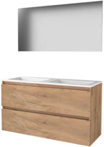 Basic-Line Basic 46 Badkamermeubelset - 120 x 46 cm - Greeploos - 2 Lades - Acryl Wastafel - Zonder Kraangat - Spiegel - Whisky Oak