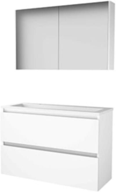Basic-Line Comfort 39 Badkamermeubelset - Ondiep - 100 x 39 cm - Greeploos - 2 Lades - Acryl Wastafel - 2 Kraangaten - Spiegelkast - Ice White