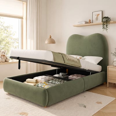 Kinderbed 90x200 cm - Eenpersoonsbed 90x200 cm - Gestoffeerd bed - Opbergbed - hydraulisch bed - Hoofdbord met zachte bekleding - Houten Lattenbodem - Met Opbergruimte - Eenvoudige Montage - Groen