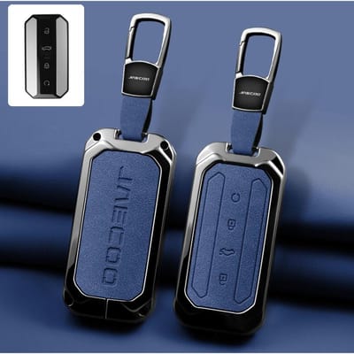 Metalen Lederen Auto Sleutelhoes Cover Voor Chery Jaecoo J5 5 Afstandsbediening Sleutelhoes Tas Sleutelhanger Auto Bescherming Accessoires blue