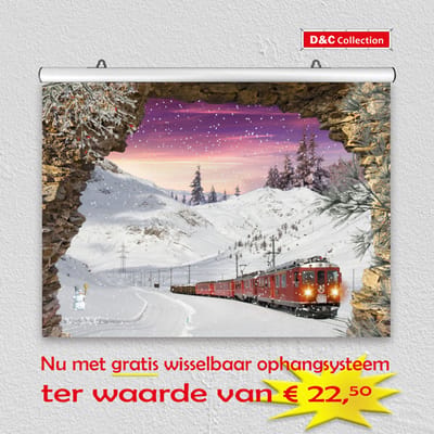D&C Collection - poster - kerst poster - 60x45 cm - doorkijk - gat in rots trein door winterlandschap - winter poster - kerst decoratie