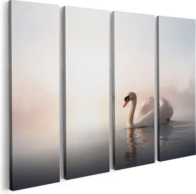 Artaza Canvas Schilderij Vierluik Zwaan in het Water tijdens de Mist - 80x60 - Foto Op Canvas - Canvas Print