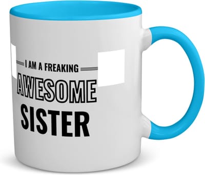 Akyol - i am a freaking awesome sister koffiemok - theemok - blauw - Zus - de meest geweldigste zus - verjaardagscadeau - verjaardag - cadeau - cadeautje voor zus - zus artikelen - kado - geschenk - gift - 350 ML inhoud