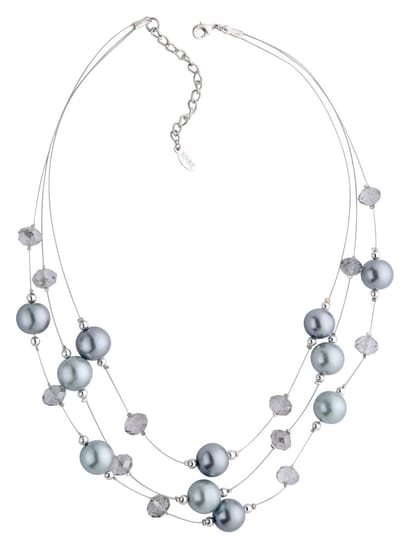 Behave Korte parel ketting dames grijs 3 rijen met facet geslepen glaskralen en glasparels – lengte 46 cm + 6 cm verlengketting