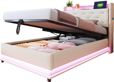 Gestoffeerd bed 90x200 cm - met LED-verlichting en USB-aansluiting - met opklapbare hoofdeinde - met opbergruimte - beige - zonder matras
