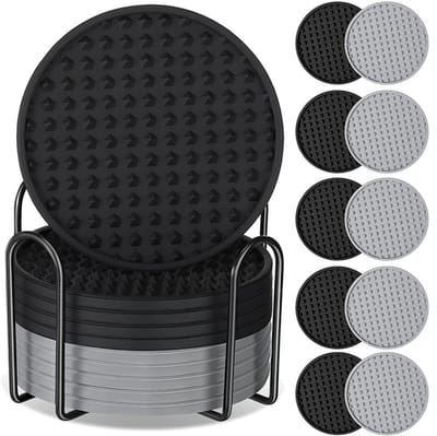 WiseGoods Premium Siliconen Onderzetters Met Houder - Onderzetter Set 10 Stuks - Rond - Wonen - Decoratie - Zwart / Grijs - 10CM