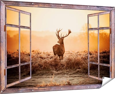 Gards Tuinposter Doorkijk Hert in de Wei tijdens de Zonsopkomst - 180x120 cm - Tuindoek - Tuindecoratie - Wanddecoratie buiten - Tuinschilderij