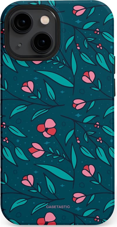 Casetastic hoesje geschikt voor Apple iPhone 13 mini - MagSafe - Dubbellaagse bescherming - Blauwe Groene Bloemenpracht - Fashion Case - Petrol Donkergrijs