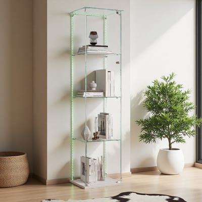 Glazen Vitrinekast met LED-Verlichting, 4 Planken, Slot & Anti-Kippbeveiliging, Transparante Opbergkast voor Collecties, Boeken & Decoratie