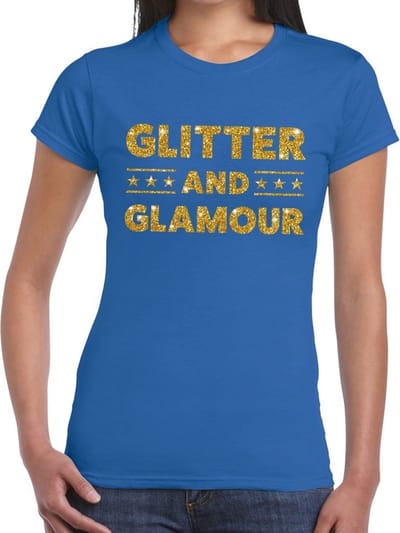 Glitter and Glamour gouden glitter tekst t-shirt blauw dames - dames shirt Glitter and Glamour XS