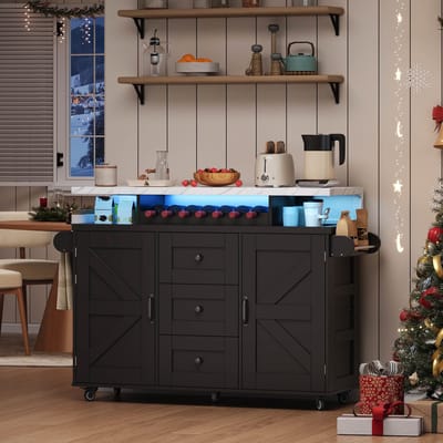 HAUSS SPOLE Keukeneiland Op Wielen - Opklapbaar Werkblad Met LED-Verlichting - Met Lades Deuren Wijnrek - MDF - Zwart - 138x60x93 Cm
