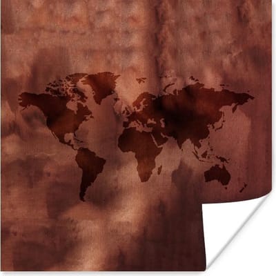 Poster 30x30 cm - Wereldkaart - Bruin - Rood - Posters - Kamer decoratie - Wanddecoratie woonkamer - Muurdecoratie slaapkamer