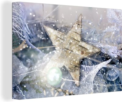 Canvas schilderij 150x100 cm - Wanddecoratie Een kerstster met ijzel - Muurdecoratie woonkamer - Slaapkamer decoratie - Kamer accessoires - Schilderijen - Kerstdecoratie voor Binnen - Kerstdecoratie Woonkamer - Kerstdecoratie in Huis