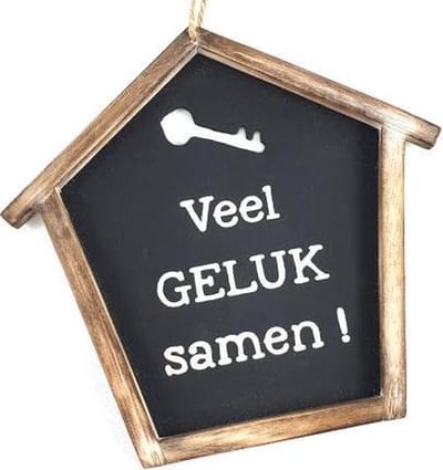 Tekstbord - Veel geluk samen! - huisje naturel, zwart, wit - 21cm