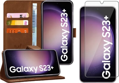 Hoesje geschikt voor Samsung Galaxy S23 Plus - Screen Protector GlassGuard - Book Case Kunstleer Pasjeshouder Bruin & Screenprotector