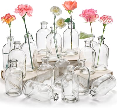 Famanu - 16 Pack Vazen Clear Glass Vaas 8oz Decoratieve Glazen Flessen Kleine Vintage Bloemfles Tafel Middenstuk Decoratie voor Thuis Bruiloft Feest Evenement Kantoor Moderne Decor