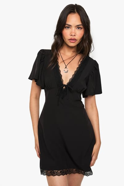 boohoo Dames Mini Jurk met Kanten Afwerking | Zwart | Maat: 36