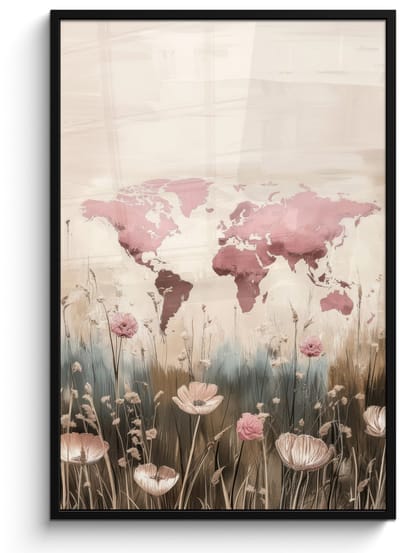 Poster in lijst - Fotolijst 80x120 cm - Posters - Wereldkaart - Roze - Bloemen - Posterlijst zwart - Decoratie - Wanddecoratie woonkamer - Muurdecoratie slaapkamer