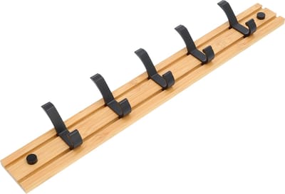 QUVIO Kapstok bamboe hout - Kapstok voor wandmontage met 5 verschuifbare ophangpunten - Wandkapstok - Kapstokhaken - Muurkapstok - Handdoekrek - Kapstok haak - 5 haaks - Draagkracht van 15 kg - 50 x 6 x 1.2 cm - Bamboe en aluminium - Beige en zwart