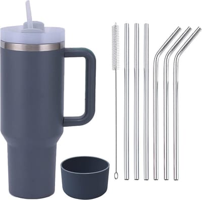JGS ® Dubbelwandige Thermosbeker van Roestvrij Staal met Handvat en Rietje voor Reizen en Kantoor