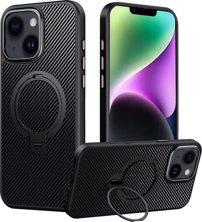 Hoesje geschikt voor iPhone 14 Plus Magsafe hoesje met Carbon uitvoering - 360° Draaibare Magnetische Standaard - Back Cover Kickstand Ring – Zwart
