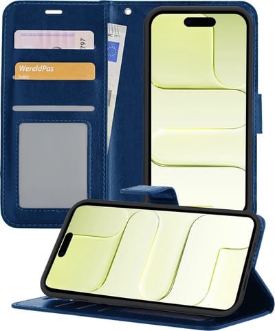 Hoesje - Met Pasjeshouder - Geschikt voor Apple iPhone Air - Luxe Bookcase Portemonee - Flip Case - Kunstleer Book Case - Flipcase - Book Cover - Walletcase - Portemonneehoes - Telefoonhoesjes - Donkerblauw