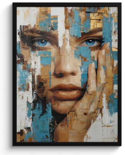 Poster in lijst - Fotolijst 60x80 cm - Posters - Abstract - Penseelstreken - Blauw - Gezicht - Posterlijst zwart - Decoratie - Wanddecoratie woonkamer - Muurdecoratie slaapkamer