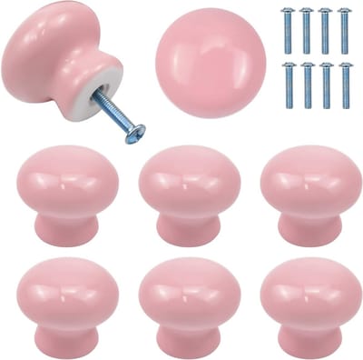 Ronde Deurklinken voor Kinderen, 35mm Keramische Kastknoppen, Meubelgrepen met Schroeven voor Laden en Kasten, 8 Stuks in Roze, Perfect voor Kinderkamers en Speelruimtes