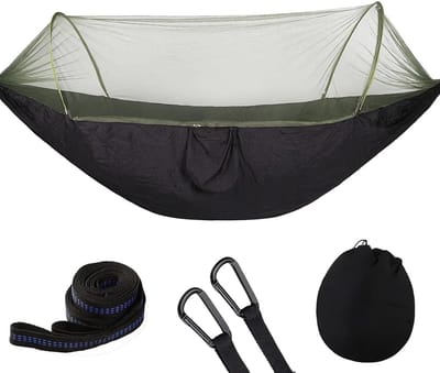 Camping Hangmat - Parachuteschommel Outdoor - Ontspannen in de Natuur - Geïntegreerd Klamboe - 250 cm x 120 cm - Zwart