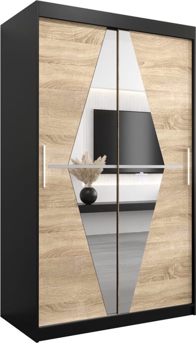 InspireMe - Kledingkast met 2 schuifdeuren, Modern-stijl, Een kledingkast met planken en een spiegel (BxHxD): 120x200x62 - BOLA 120 Zwart Mat + Sonoma Eik