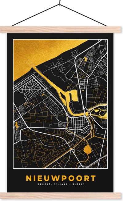 Posterhanger incl. Poster 40x60 cm - Schoolplaat - Kaart - Stadskaart - Plattegrond - Nieuwpoort - Goud - Textielposter - Blanke latten - Stadskaart